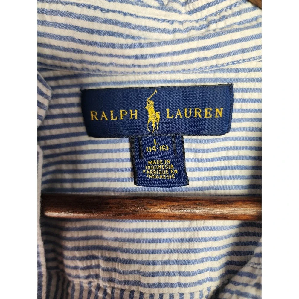 Ralph Lauren Kids Blue White Striped Seersucker Button Down Shirt Size L 14-16‎